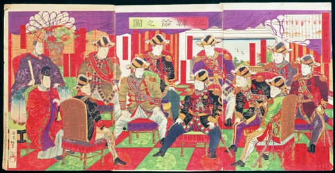 Führende Mitglieder der Meiji-Regierung diskutieren die Invasion Koreas, 1877 (Triptychon, Farbholzschnitt)